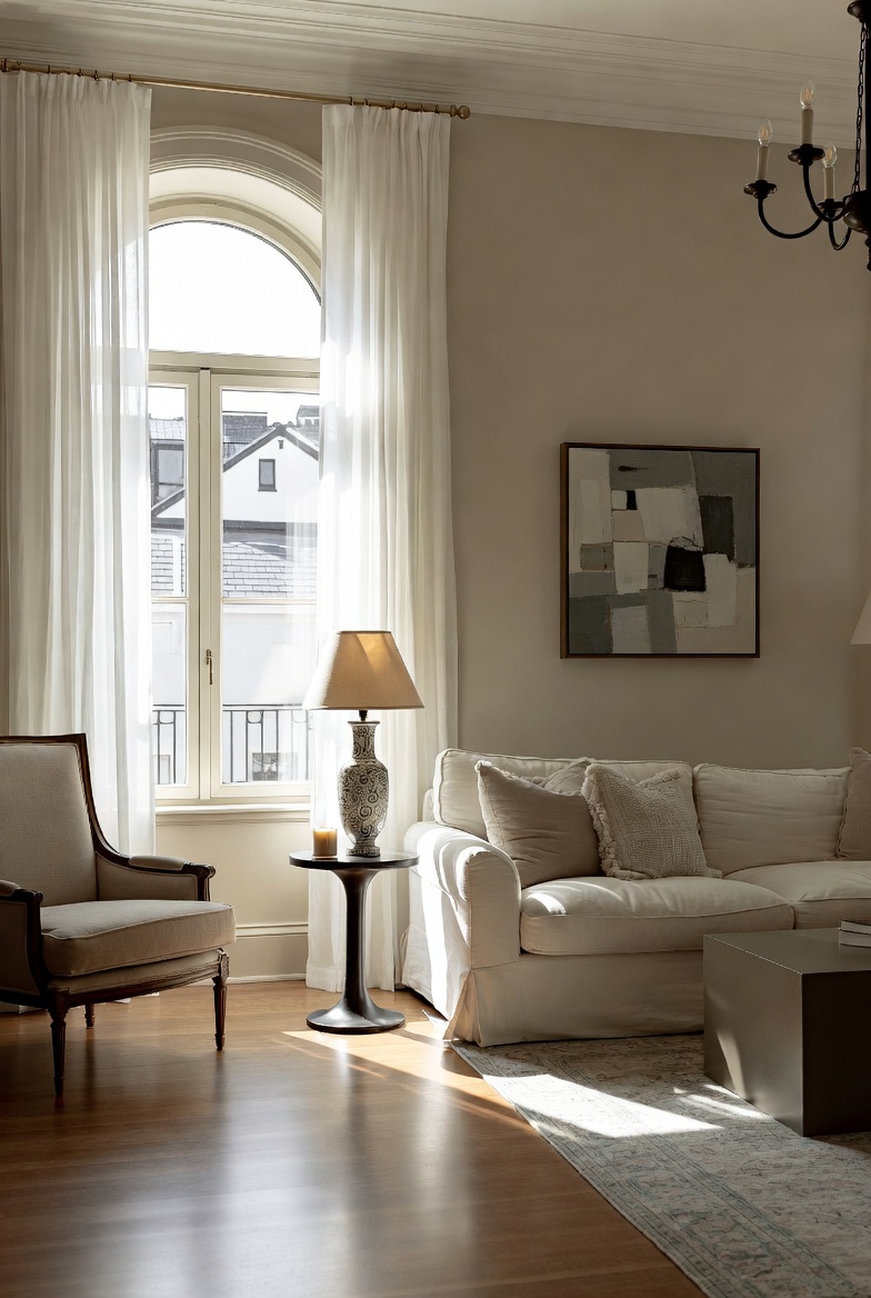 Sage-toned sofa with patterned cushions for relaxed living